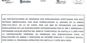 INFORMACIÓN SOBRE RECEPCIÓN DE SUBVENCIÓN DEL FONDO SOCIAL EUROPEO Y DE LA JUNTA DE CASTILLA Y LEÓN